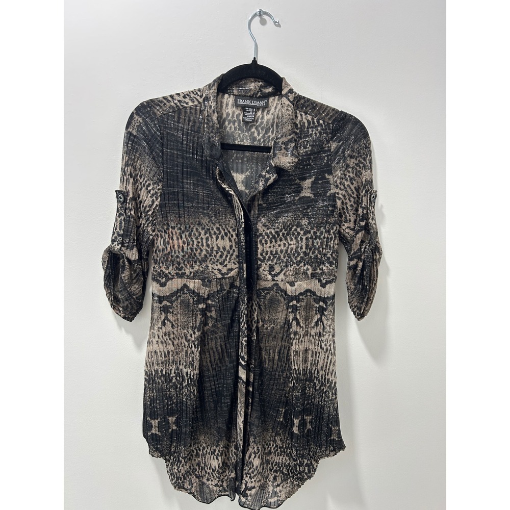 Frank Lyman Animal Print Plisse Tunic Roll Tab Sleeve Metallic Gothic Blouse Sz4